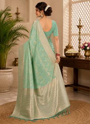 Sangam prints mint green cotton silk woven work traditional saree 3
