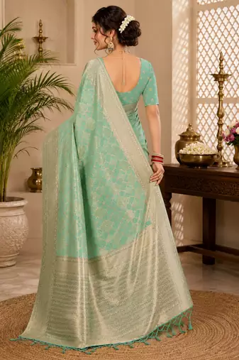 Sangam prints mint green cotton silk woven work traditional saree