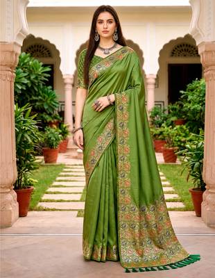 Sangam prints olive green satin woven work traditional saree 1