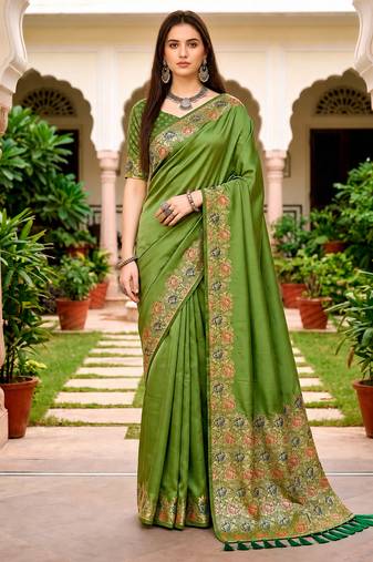 Sangam prints olive green satin woven work traditional saree