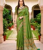 Sangam prints olive green satin woven work traditional saree