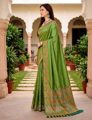 Sangam prints olive green satin woven work traditional saree 2