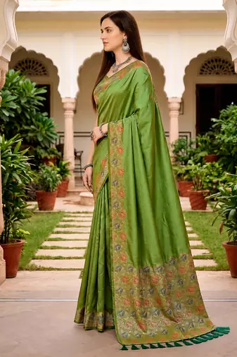 Sangam prints olive green satin woven work traditional saree