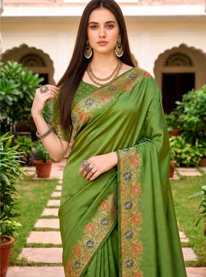 Sangam prints olive green satin woven work traditional saree 3