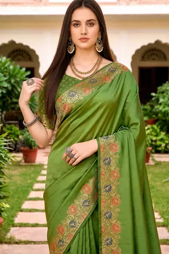Sangam prints olive green satin woven work traditional saree