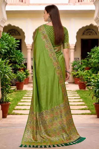 Sangam prints olive green satin woven work traditional saree