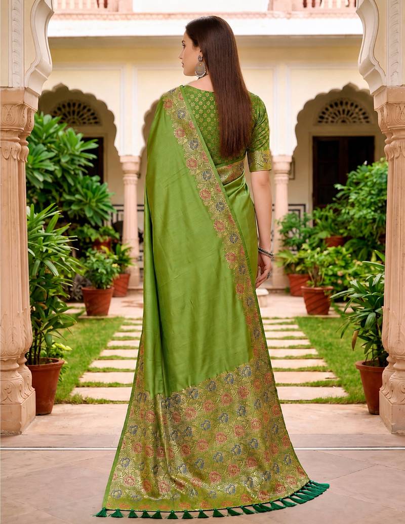 Sangam prints olive green satin woven work traditional saree