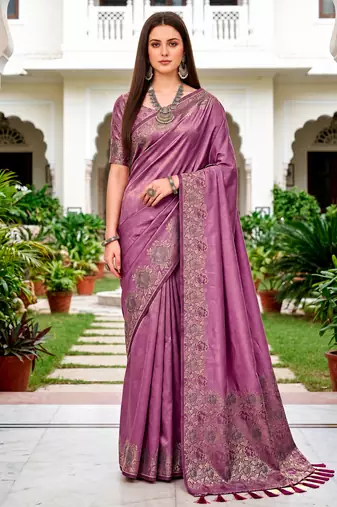Sangam prints mauve satin woven work traditional saree
