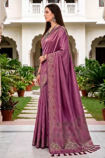 Sangam prints mauve satin woven work traditional saree
