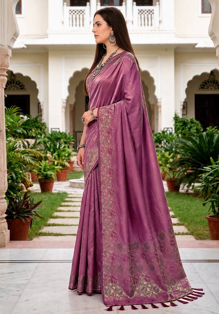 Sangam prints mauve satin woven work traditional saree
