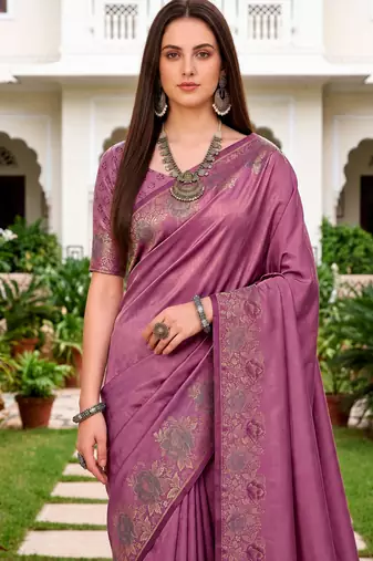 Sangam prints mauve satin woven work traditional saree