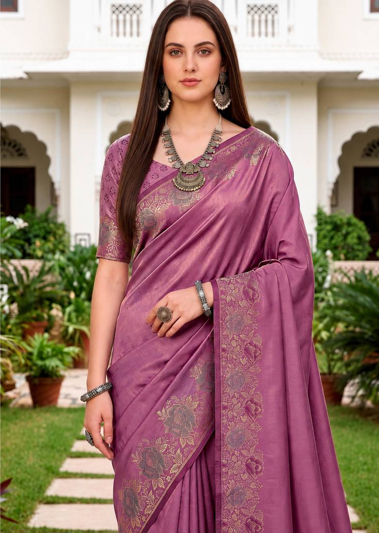 Sangam prints mauve satin woven work traditional saree