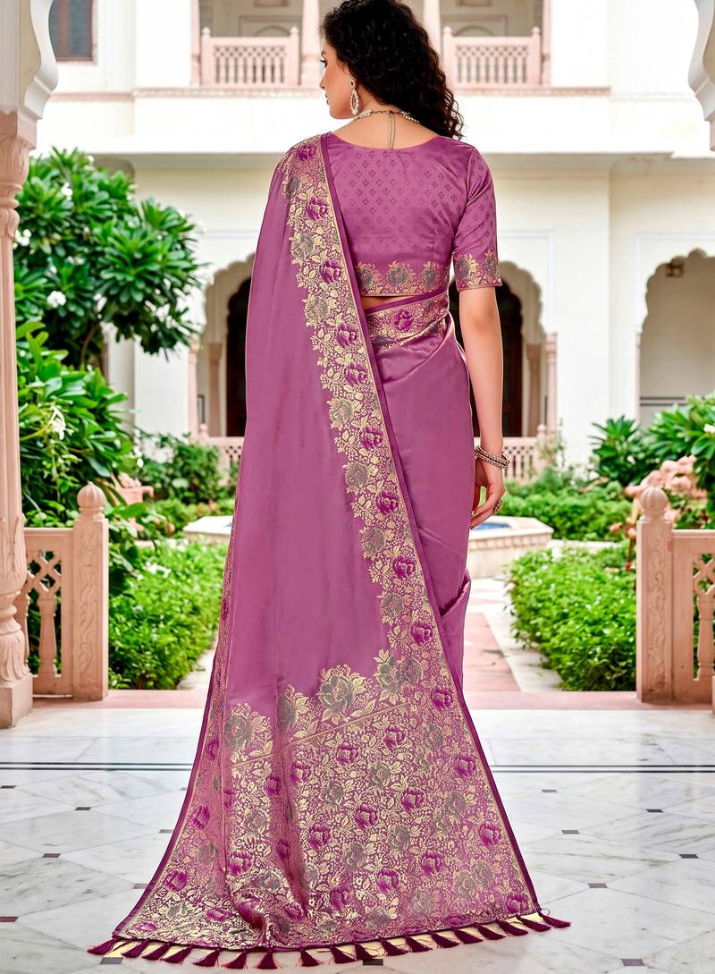 Sangam prints mauve satin woven work traditional saree