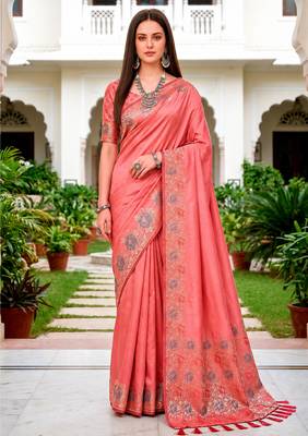 Sangam prints rose pink satin woven work traditional saree 1