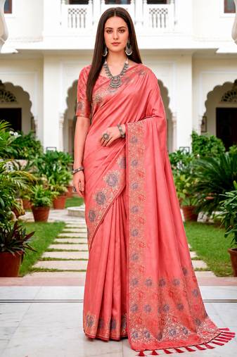Sangam prints rose pink satin woven work traditional saree