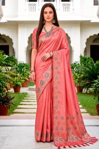 Sangam prints rose pink satin woven work traditional saree