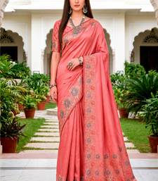 Sangam prints rose pink satin woven work traditional saree