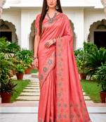 Sangam prints rose pink satin woven work traditional saree