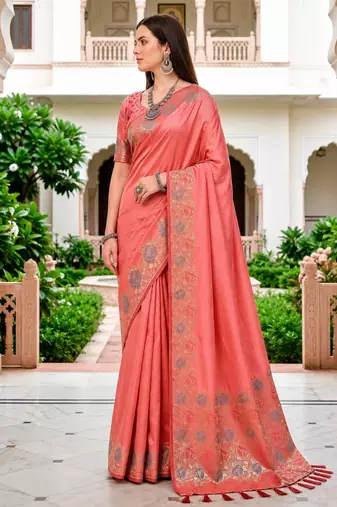 Sangam prints rose pink satin woven work traditional saree