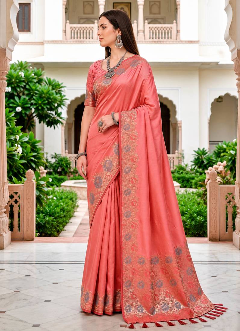Sangam prints rose pink satin woven work traditional saree