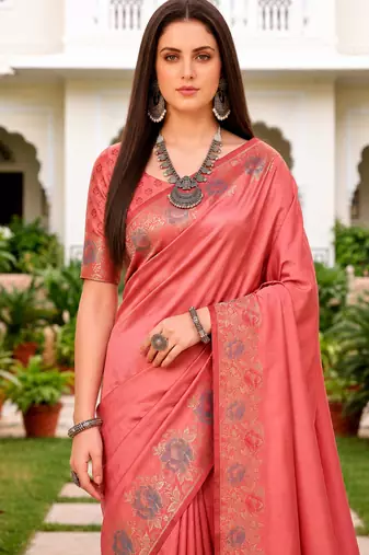 Sangam prints rose pink satin woven work traditional saree