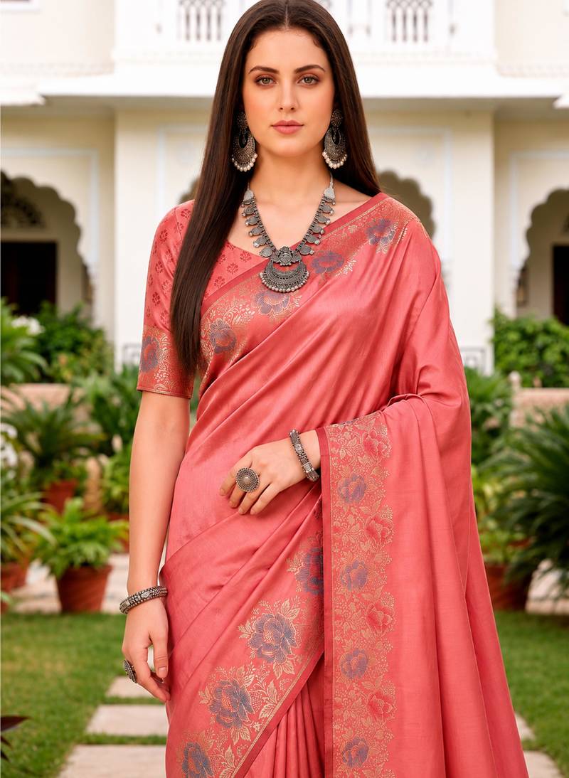 Sangam prints rose pink satin woven work traditional saree