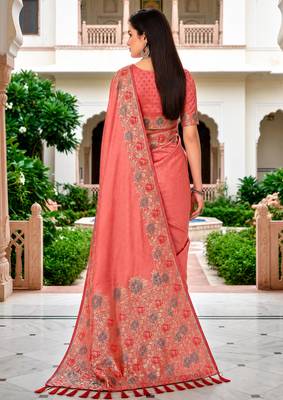 Sangam prints rose pink satin woven work traditional saree 4