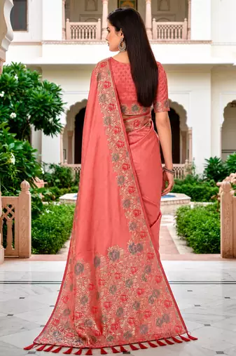 Sangam prints rose pink satin woven work traditional saree