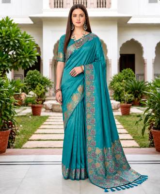Sangam prints teal blue satin woven work traditional saree 1