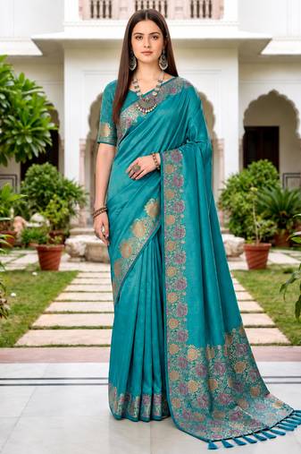 Sangam prints teal blue satin woven work traditional saree