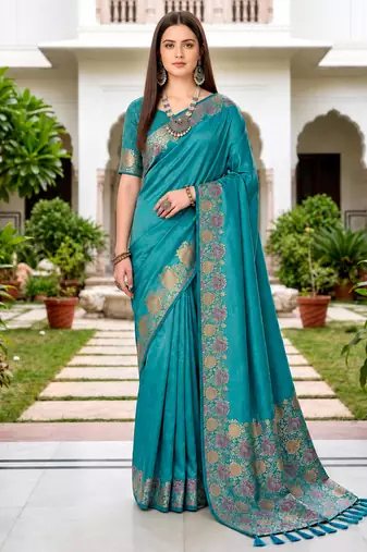 Sangam prints teal blue satin woven work traditional saree