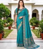Sangam prints teal blue satin woven work traditional saree