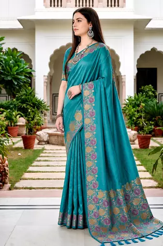 Sangam prints teal blue satin woven work traditional saree