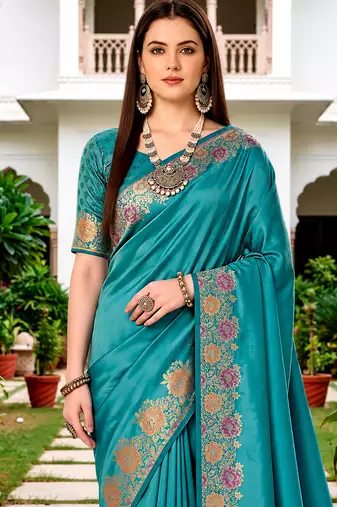 Sangam prints teal blue satin woven work traditional saree