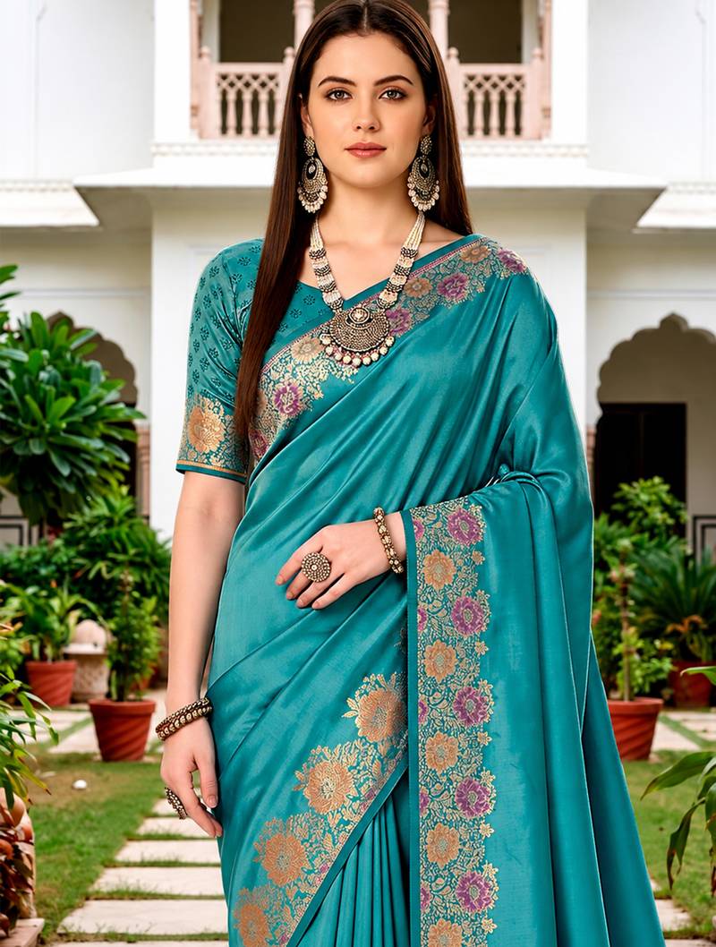 Sangam prints teal blue satin woven work traditional saree
