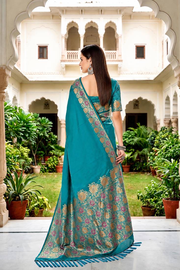 Sangam prints teal blue satin woven work traditional saree