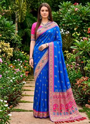 Sangam prints royal blue satin woven work traditional saree 1