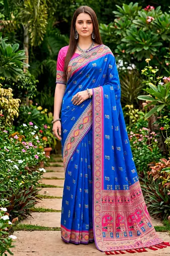 Sangam prints royal blue satin woven work traditional saree