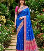 Sangam prints royal blue satin woven work traditional saree