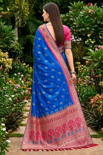 Sangam prints royal blue satin woven work traditional saree