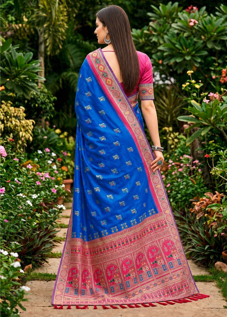 Sangam prints royal blue satin woven work traditional saree