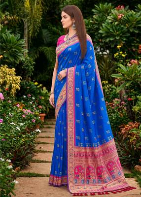 Sangam prints royal blue satin woven work traditional saree 3