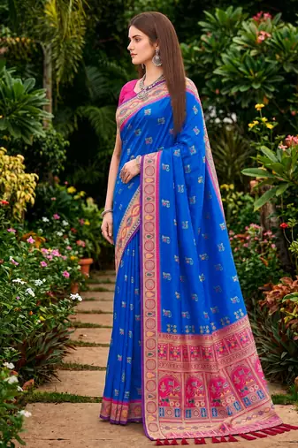 Sangam prints royal blue satin woven work traditional saree