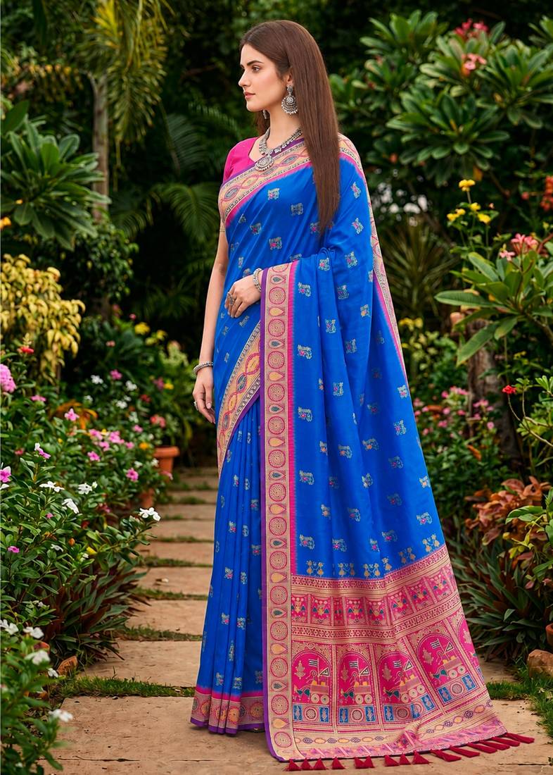 Sangam prints royal blue satin woven work traditional saree