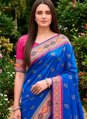 Sangam prints royal blue satin woven work traditional saree 4