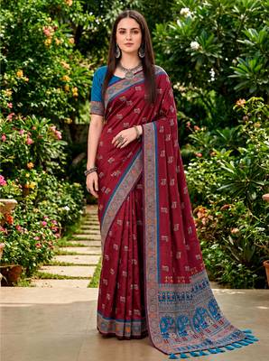 Sangam prints maroon satin woven work traditional saree 1