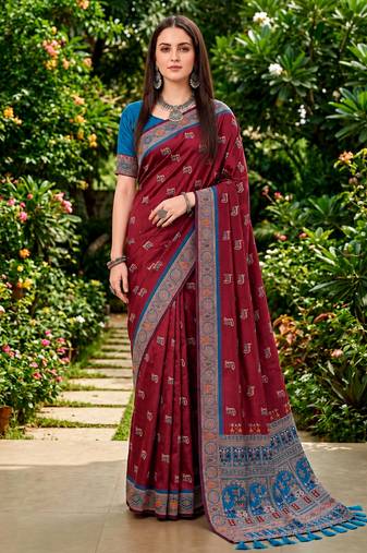 Sangam prints maroon satin woven work traditional saree