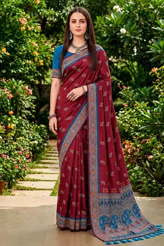 Sangam prints maroon satin woven work traditional saree