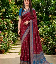 Sangam prints maroon satin woven work traditional saree