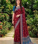 Sangam prints maroon satin woven work traditional saree